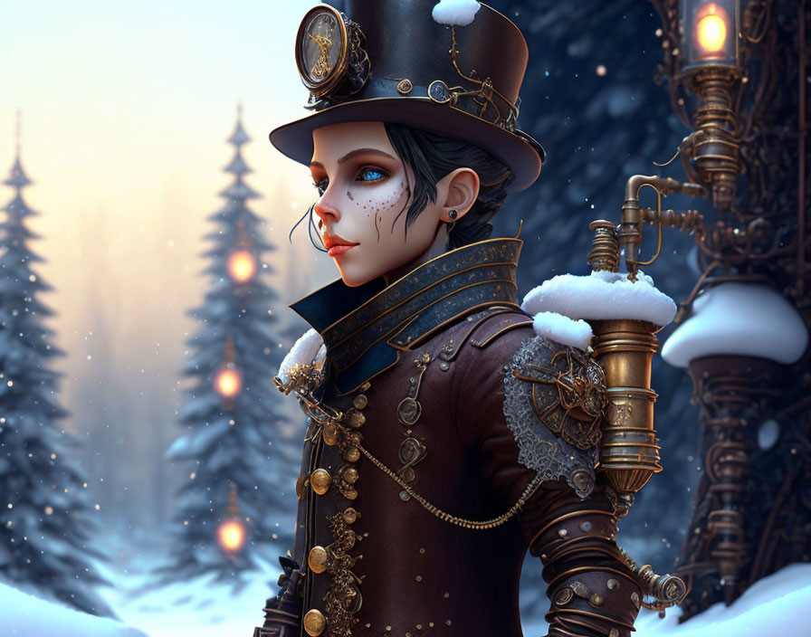 Victorian-inspired steampunk character in snowy landscape