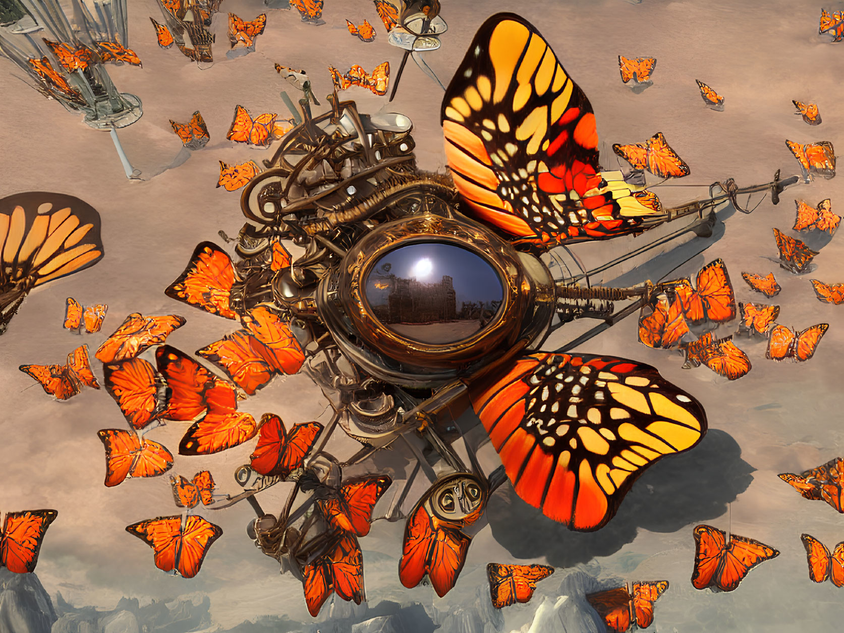 Steampunk-style machine with butterfly wings and monarch butterflies in desert landscape.