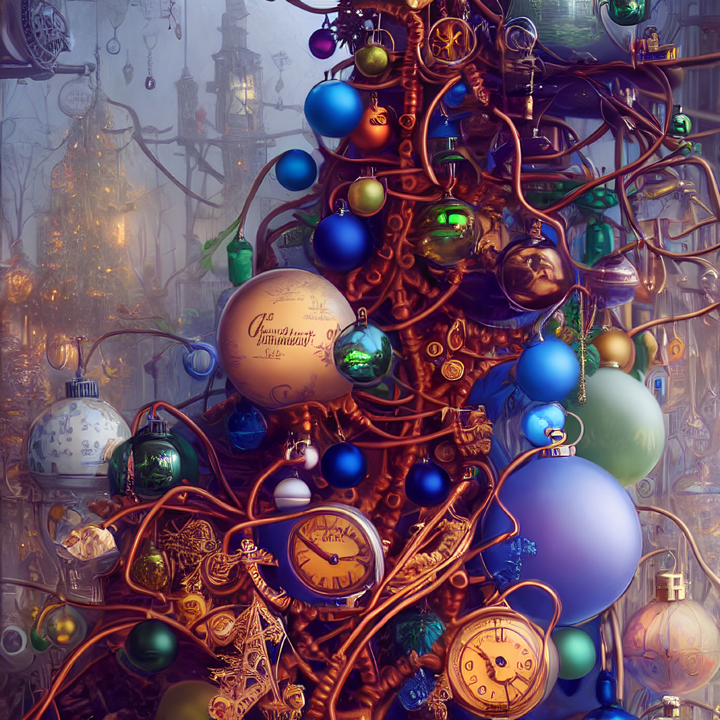 Ornate copper Christmas tree with colorful decorations in fantastical townscape