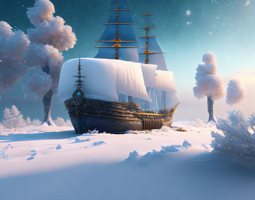 White-sailed ship stranded in snowy landscape under starry twilight sky