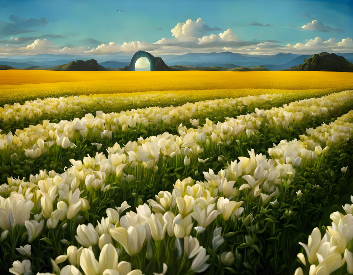 Vibrant white tulips and yellow flowers in scenic landscape with futuristic sphere.