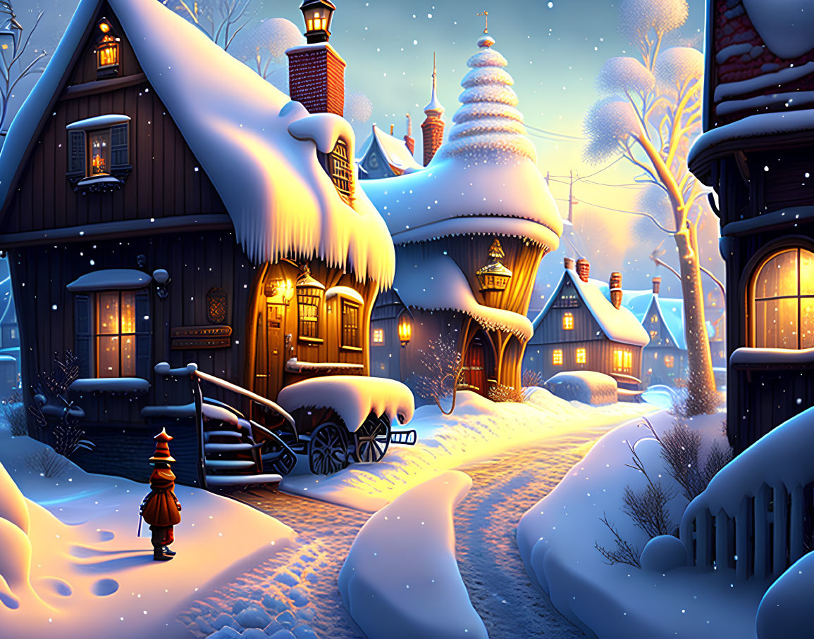 Snow-covered village with illuminated cottages and person walking at night