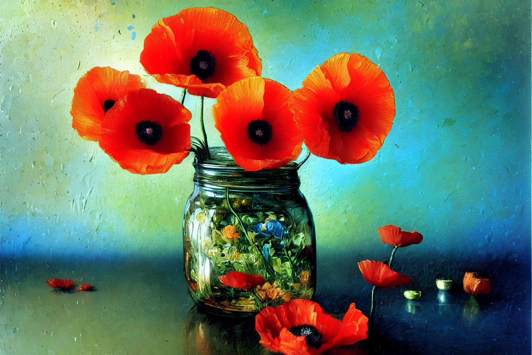 Colorful poppies in glass jar on textured background