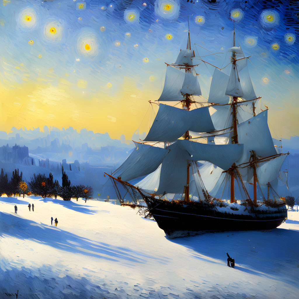 Sailboat on Snowy Landscape with People and Dog at Night