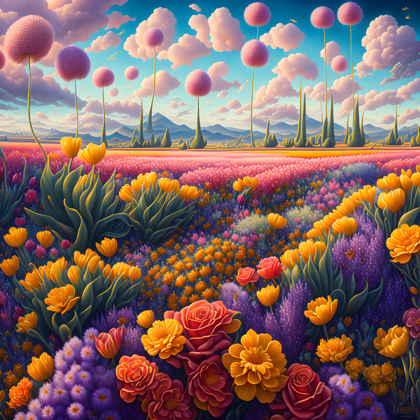 Surreal landscape with flowers, tree-like structures, and purple sky