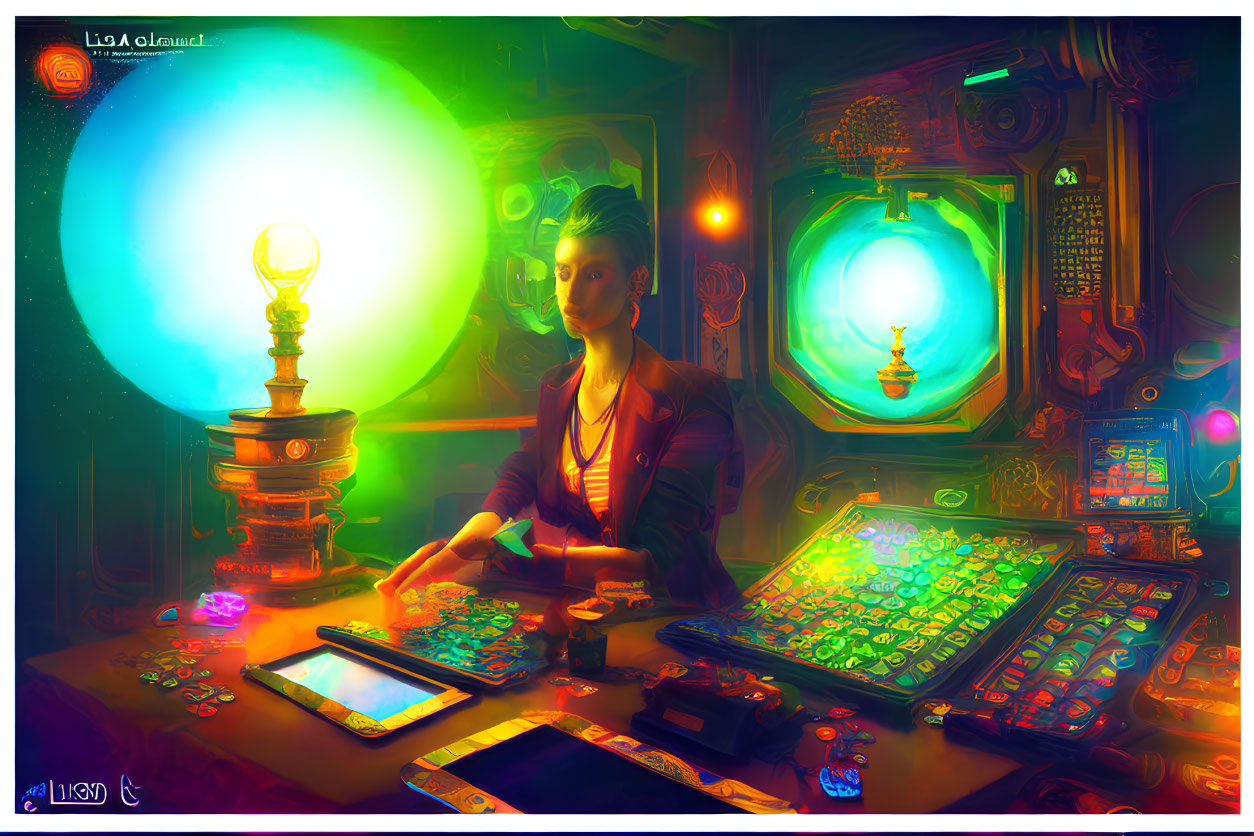 Short-haired person at neon-lit control panel with glowing orb in dimly lit room