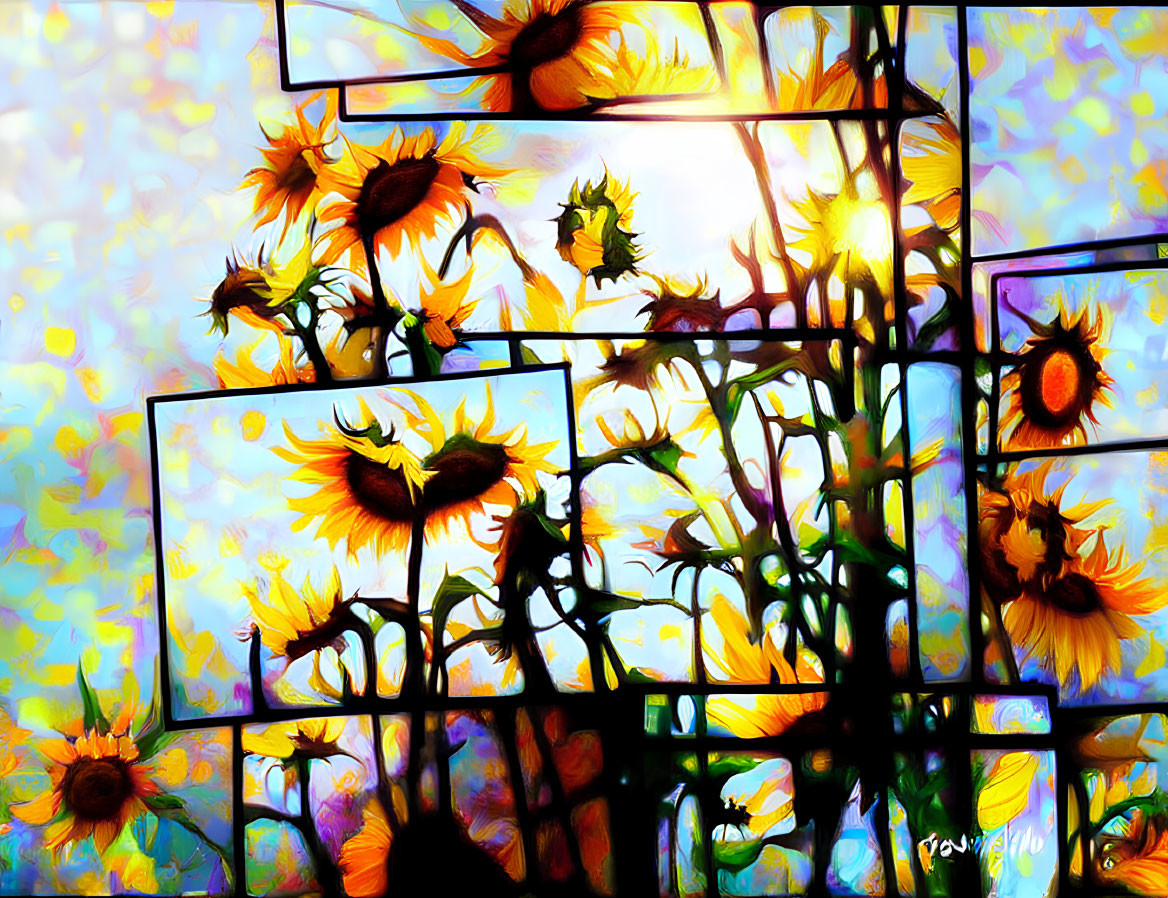 Colorful Sunflower Digital Art with Stained-Glass Effect