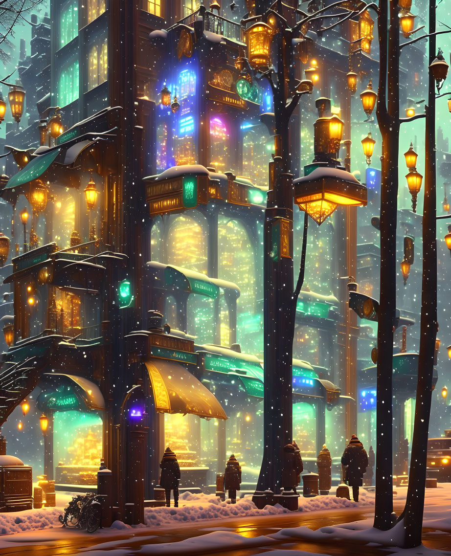 Snowy Evening in City with Illuminated Buildings and Pedestrians