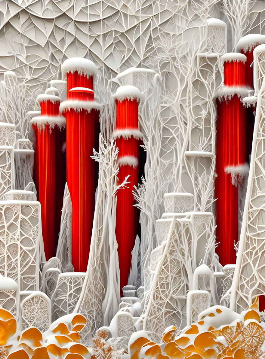 Vivid Red 3D Fractal Image with White Patterns