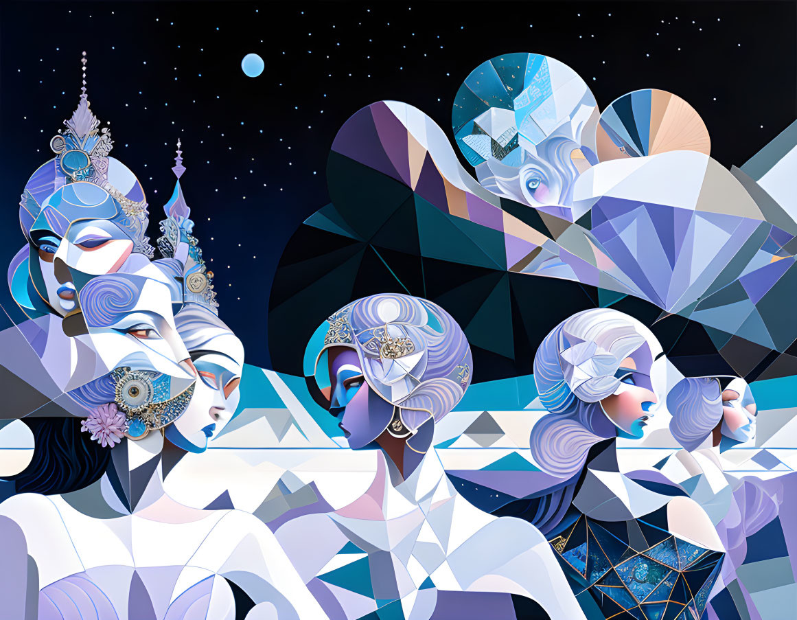 Geometrically abstract female figures with intricate headdresses under a starry night sky