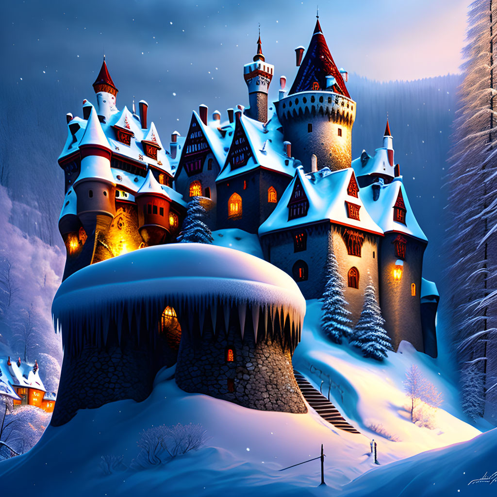 Snow-covered hill fairytale castle under starry night sky