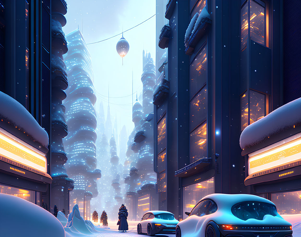 Snowy City Scene: Dusk with Illuminated Buildings, Festive Trees, Person Walking, and