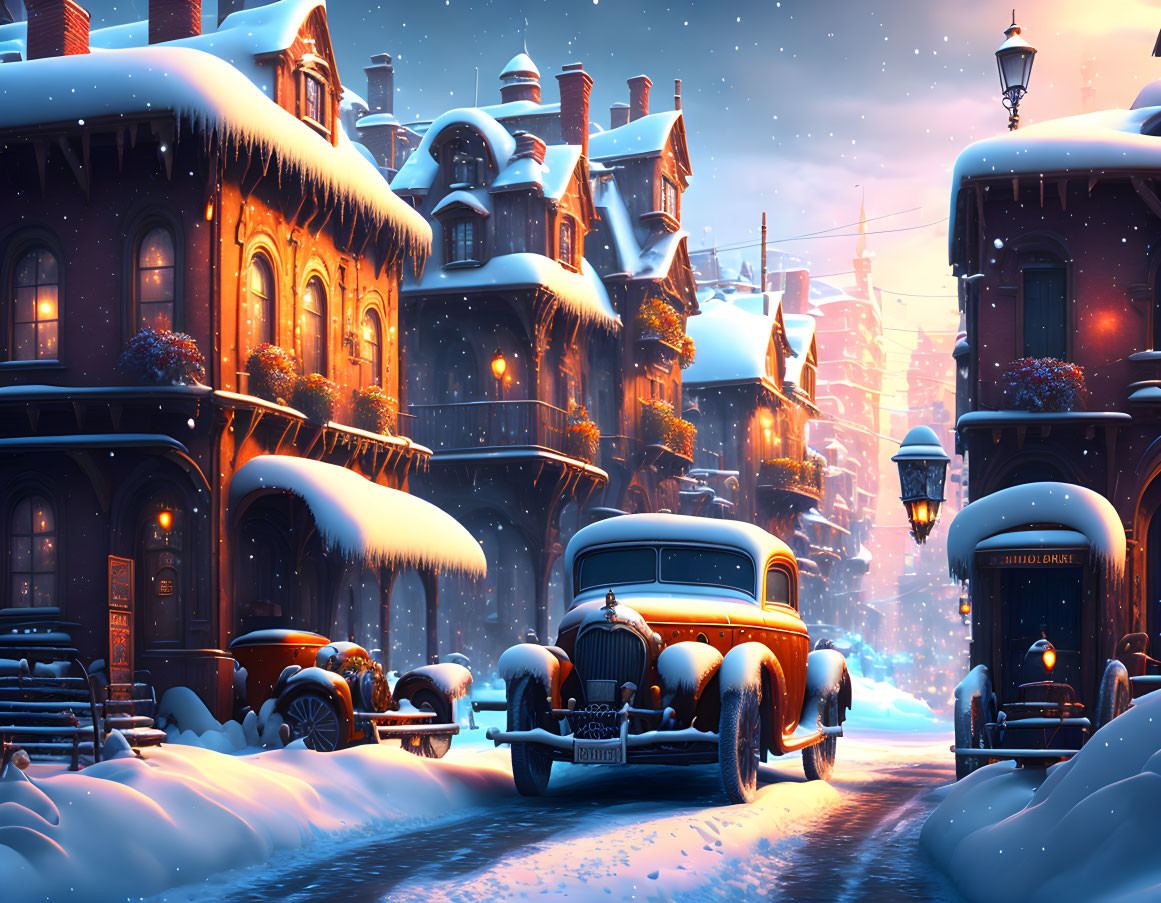 Victorian houses on snowy street with vintage lamp posts & classic cars.