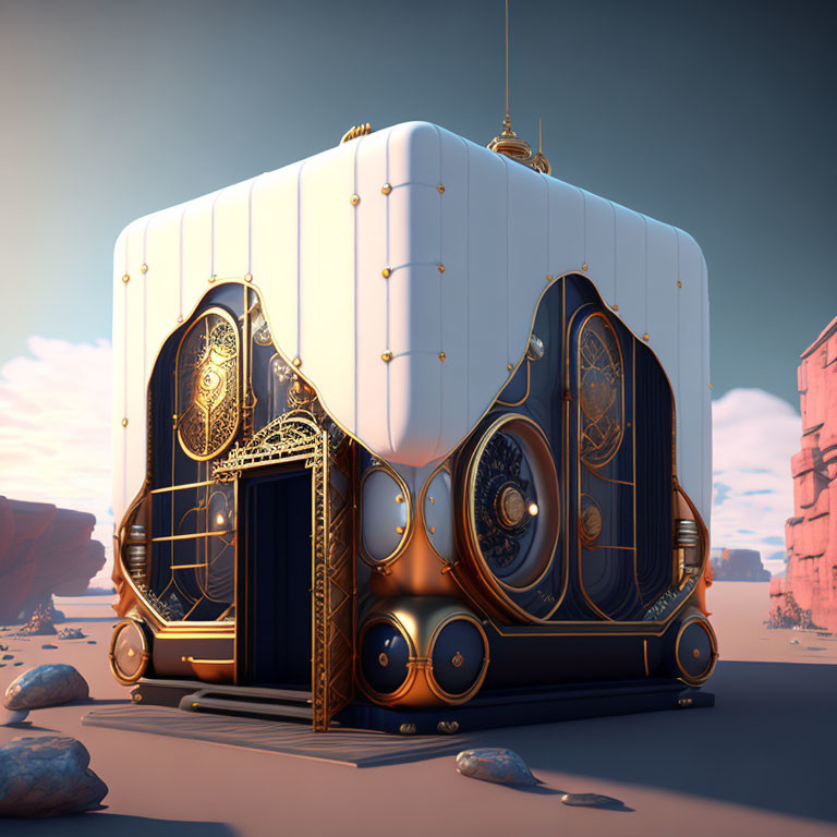 Steampunk-inspired 3D-rendered caravan in desert with gold details