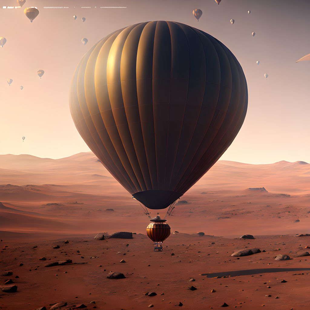 Dark-striped hot air balloon floats over Mars-like desert with rocks, under sky of distant balloons