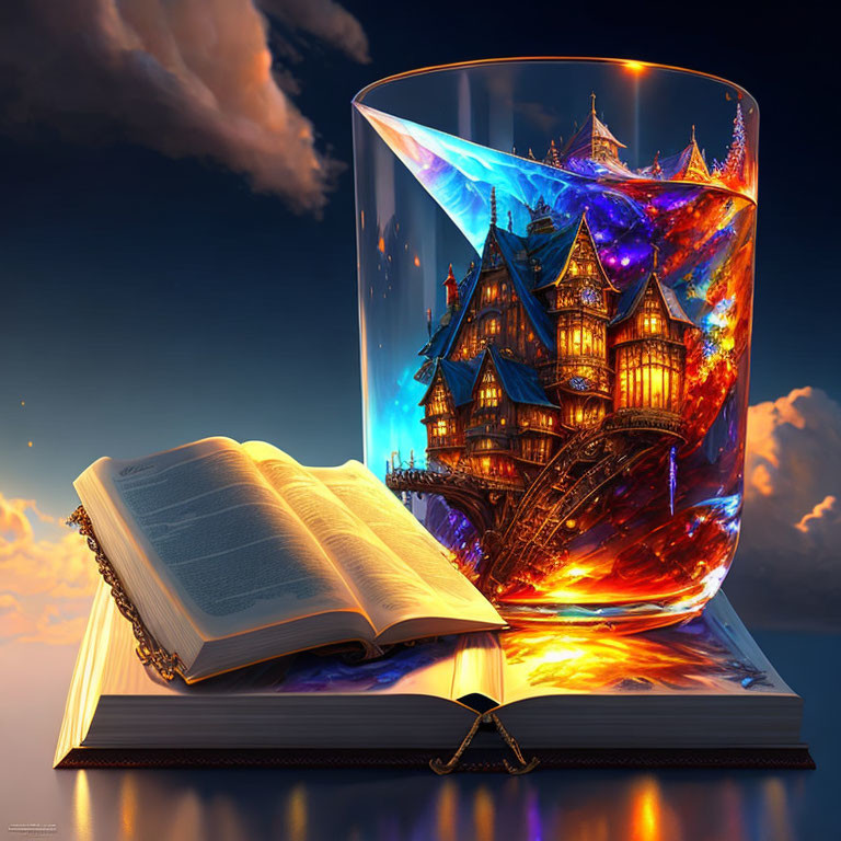 Glass container with burning castle, open book, and glowing bookmark in cloudy sky setting.