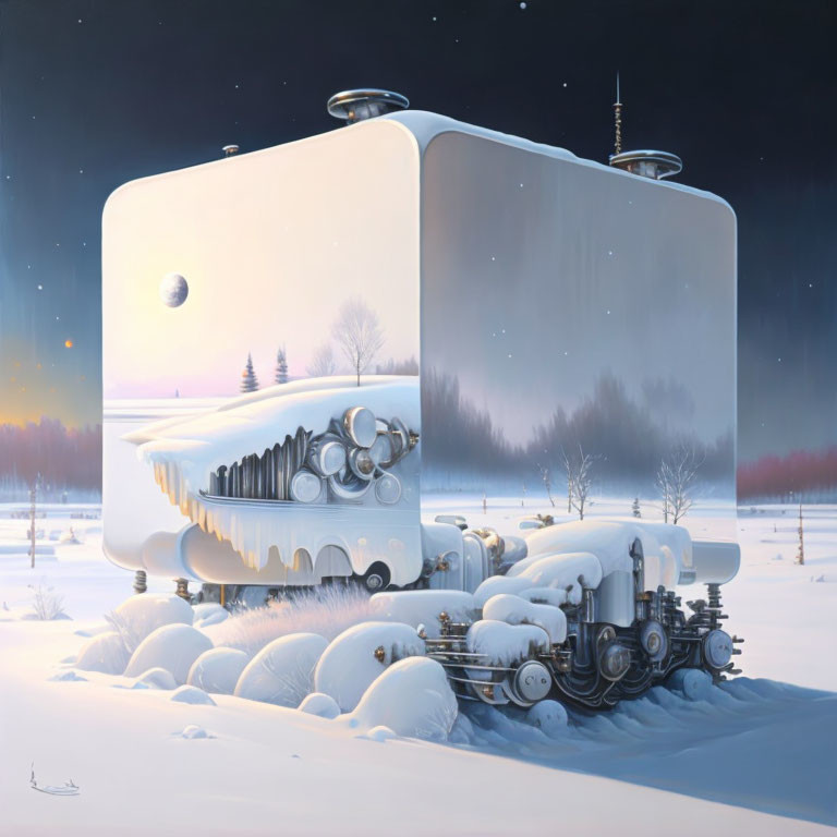 Futuristic white train resembling a computer mouse in snowy landscape at dusk