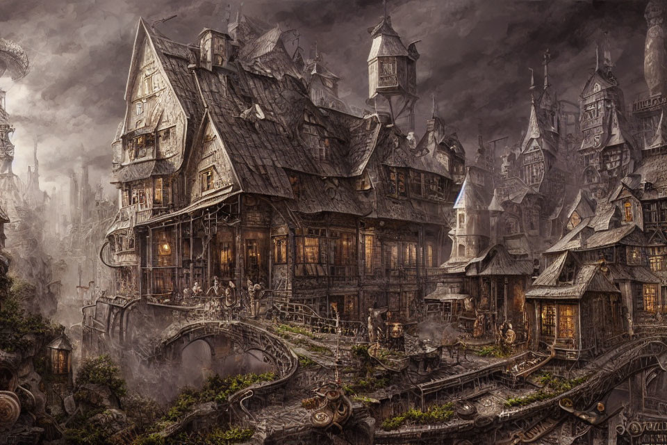 Medieval village with ornate houses in foggy setting