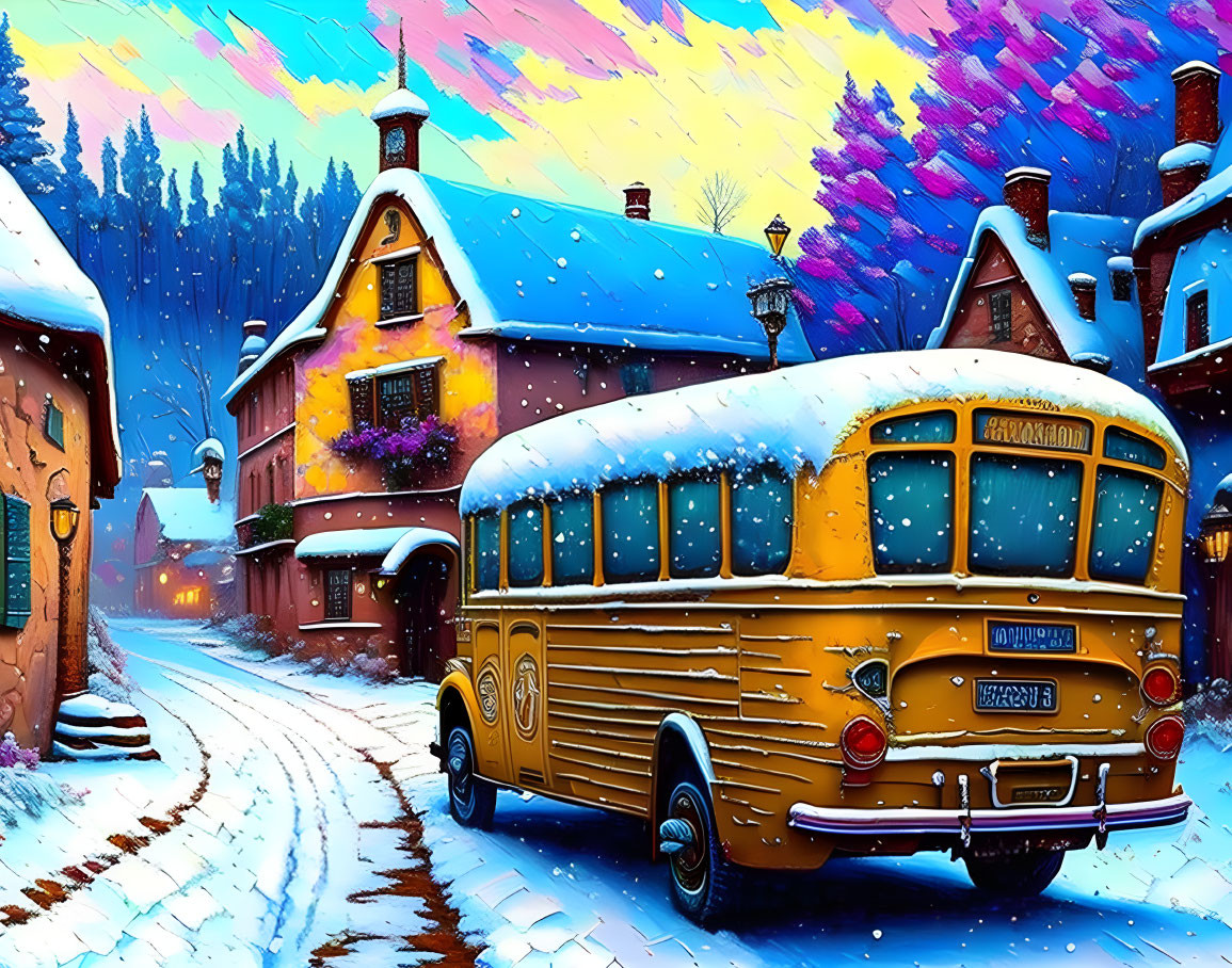 Vintage Yellow School Bus Parked on Snow-Covered Street at Twilight