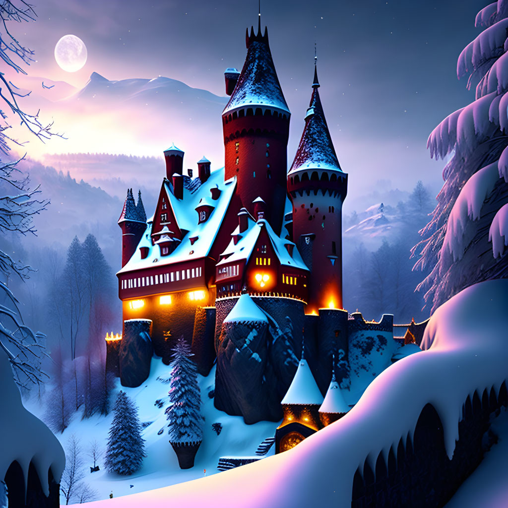 Snowy landscape with illuminated castle at twilight