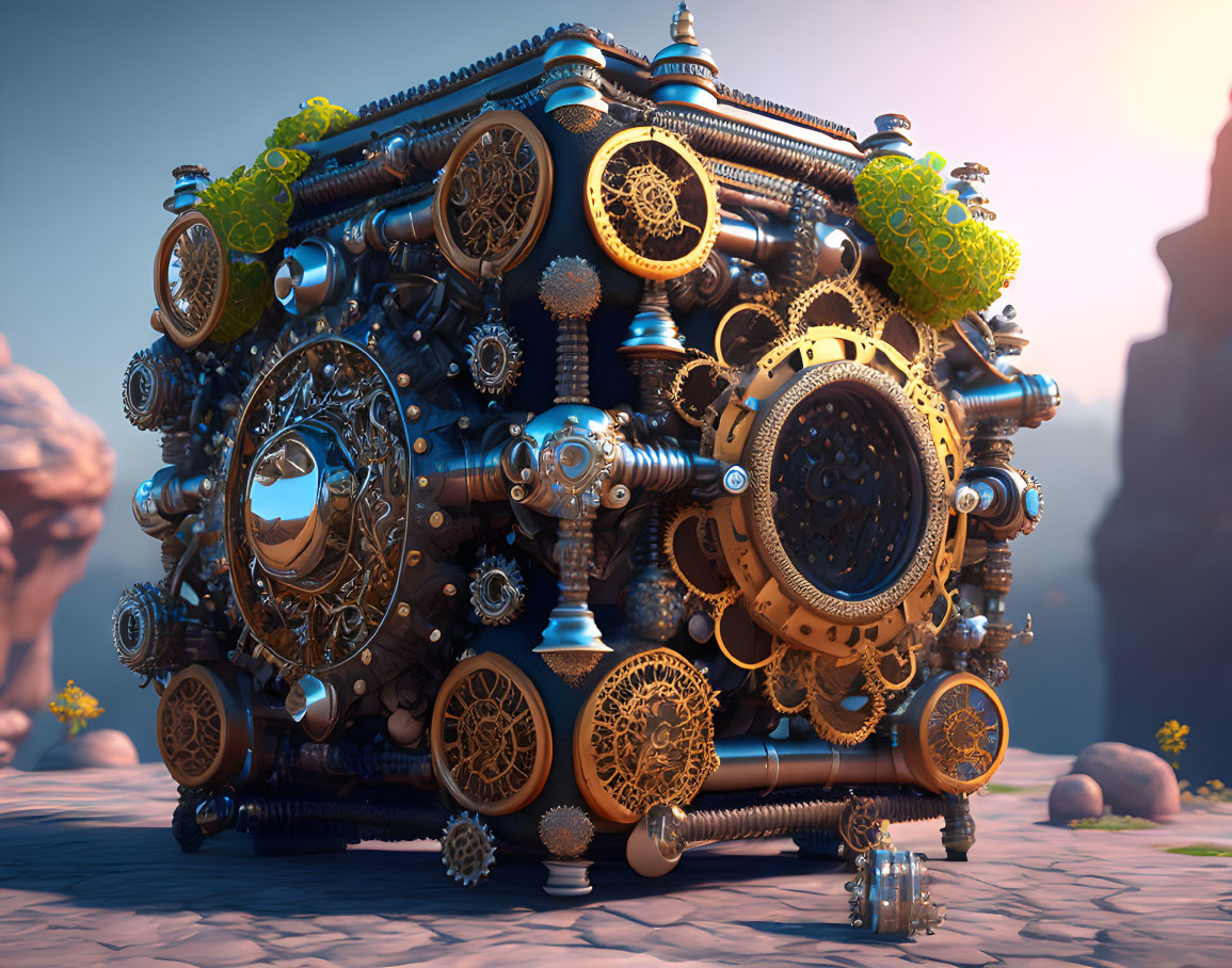 Detailed 3D rendered cube with gears in surreal outdoor landscape