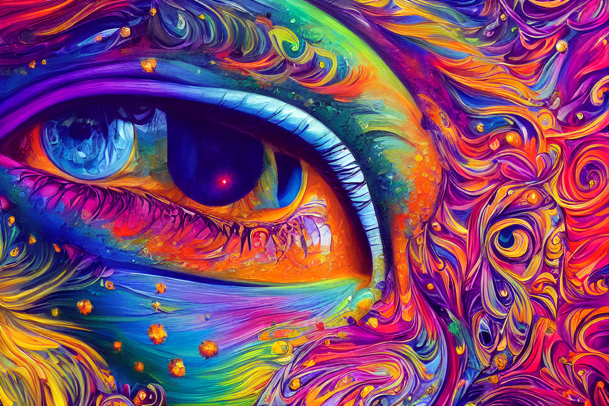 Colorful Psychedelic Eye Artwork with Swirls in Purple and Orange