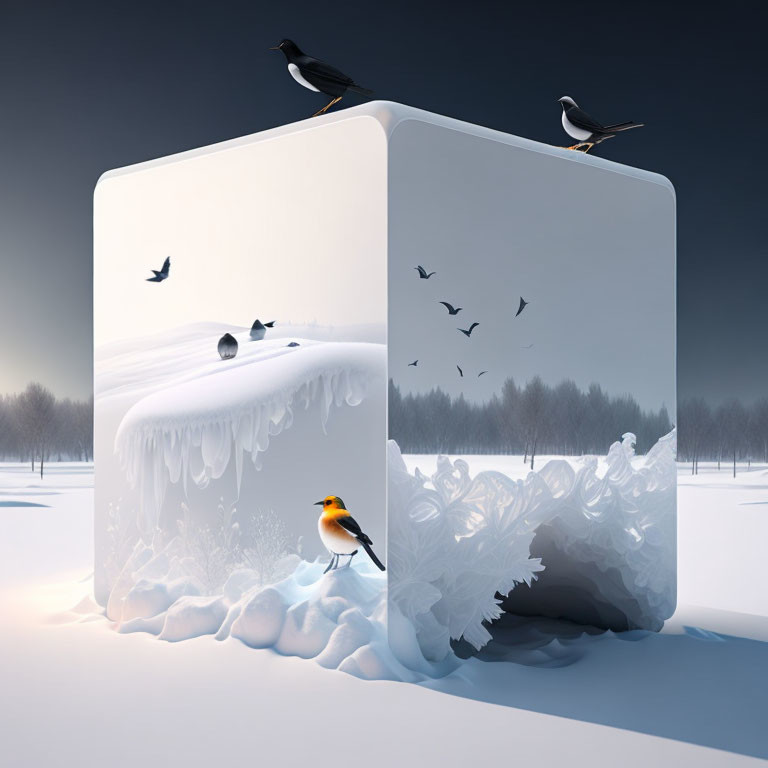 Surreal winter scene with oversized dice in snowy landscape