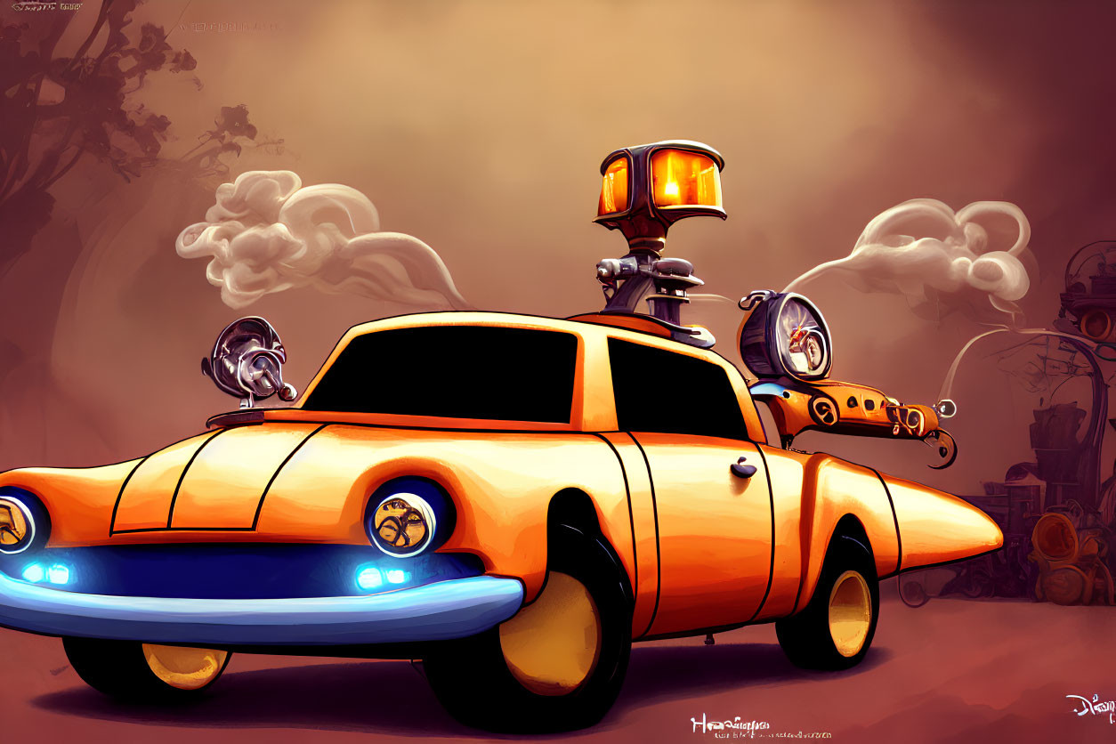 Animated orange car with quirky contraptions emitting steam on whimsical background