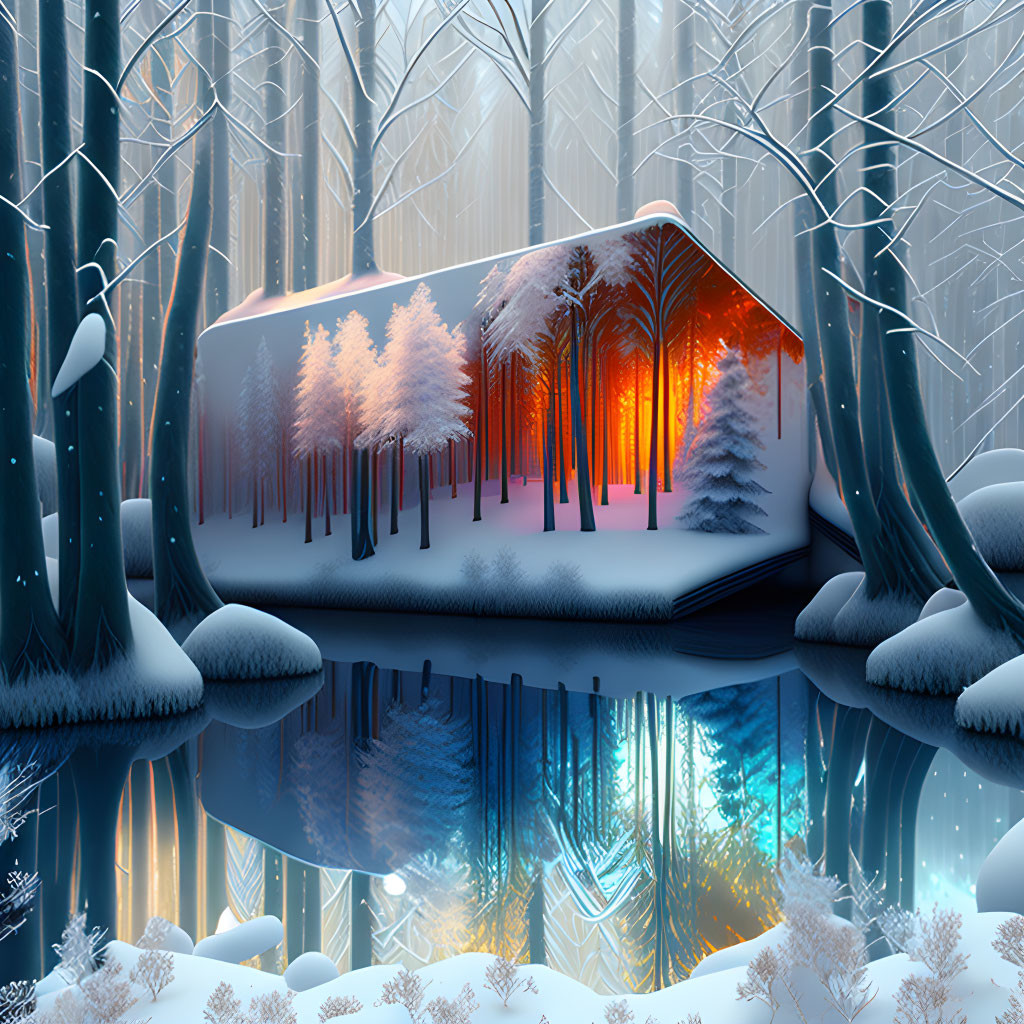 Snowy forest cabin with warm light and icy blue lake