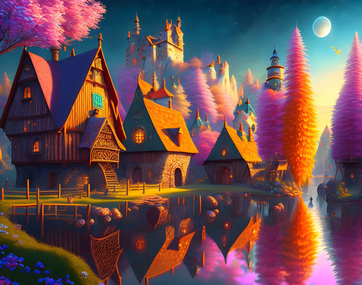 Fantasy landscape with whimsical cottages, reflective lake, castle, floating islands, twilight sky