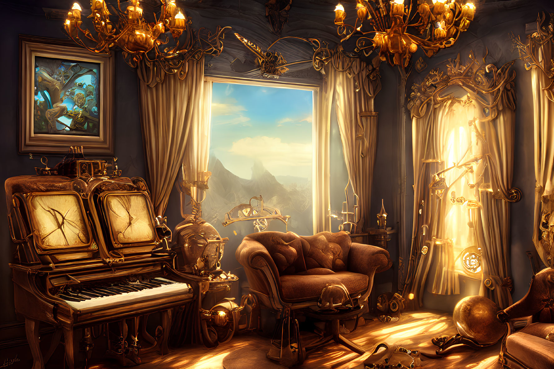 Opulent Baroque-style room with grand piano and mountain view