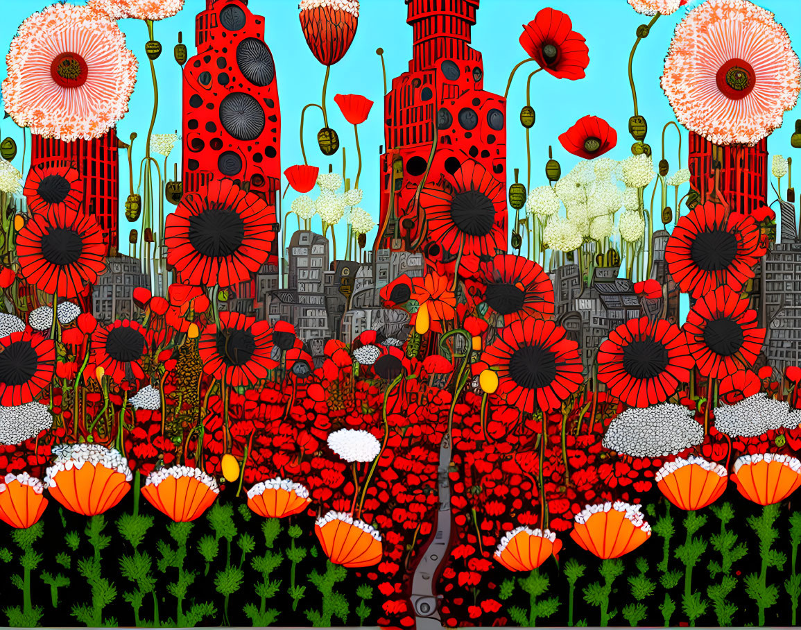 Colorful floral and cityscape illustration with whimsical elements