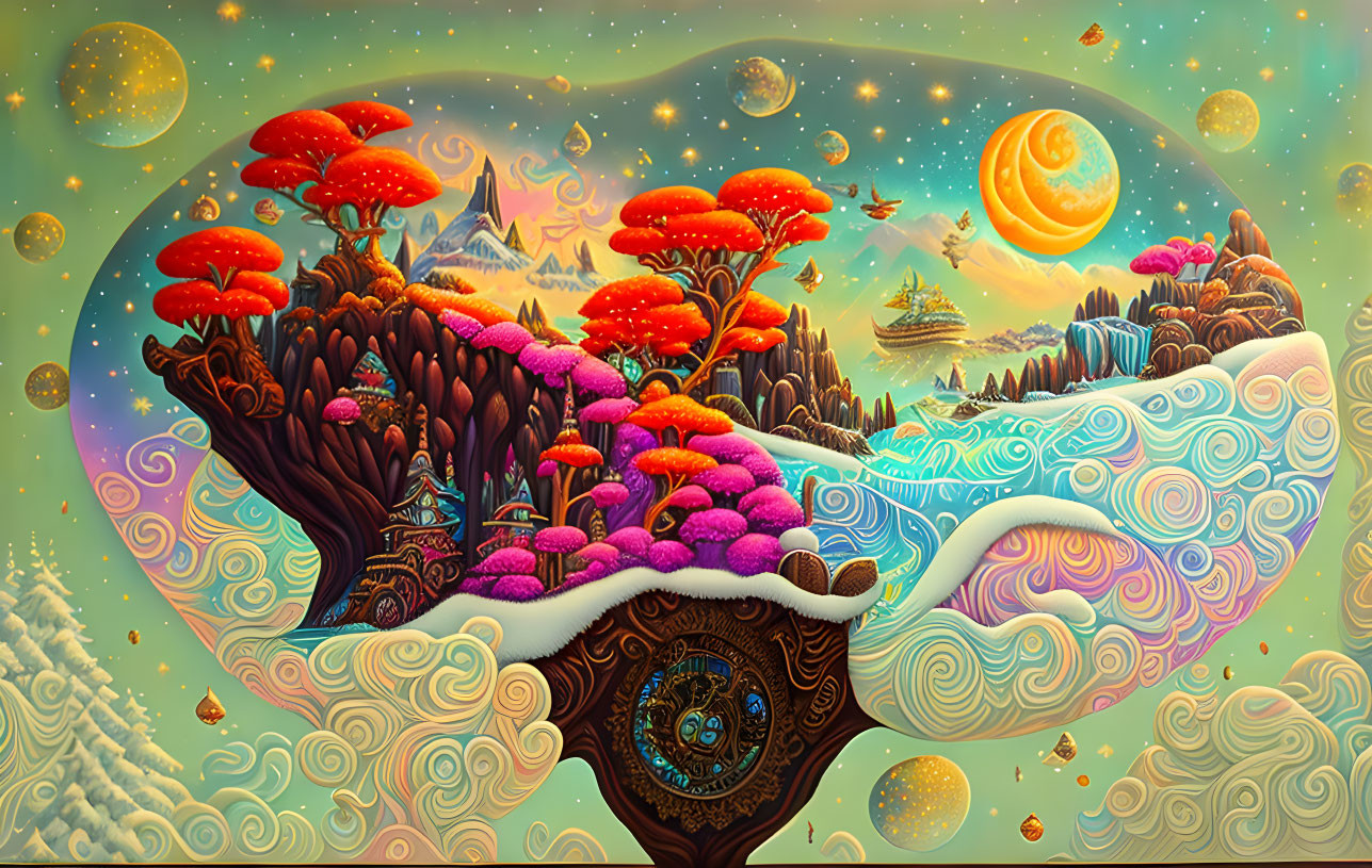 Psychedelic landscape with red mushrooms, snowy peaks, clock in tree, floating islands.