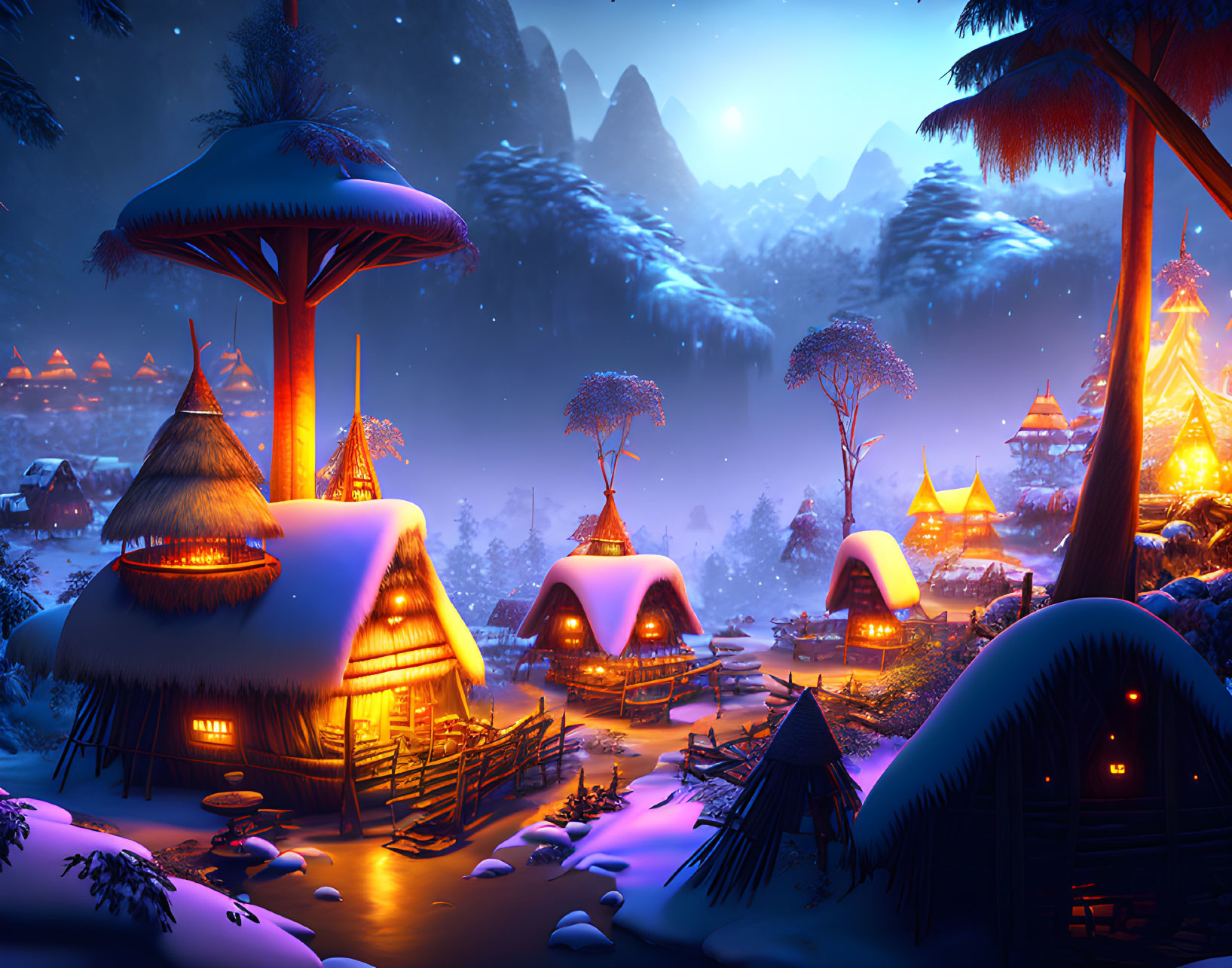 Enchanting Winter Village with Thatched-Roof Houses