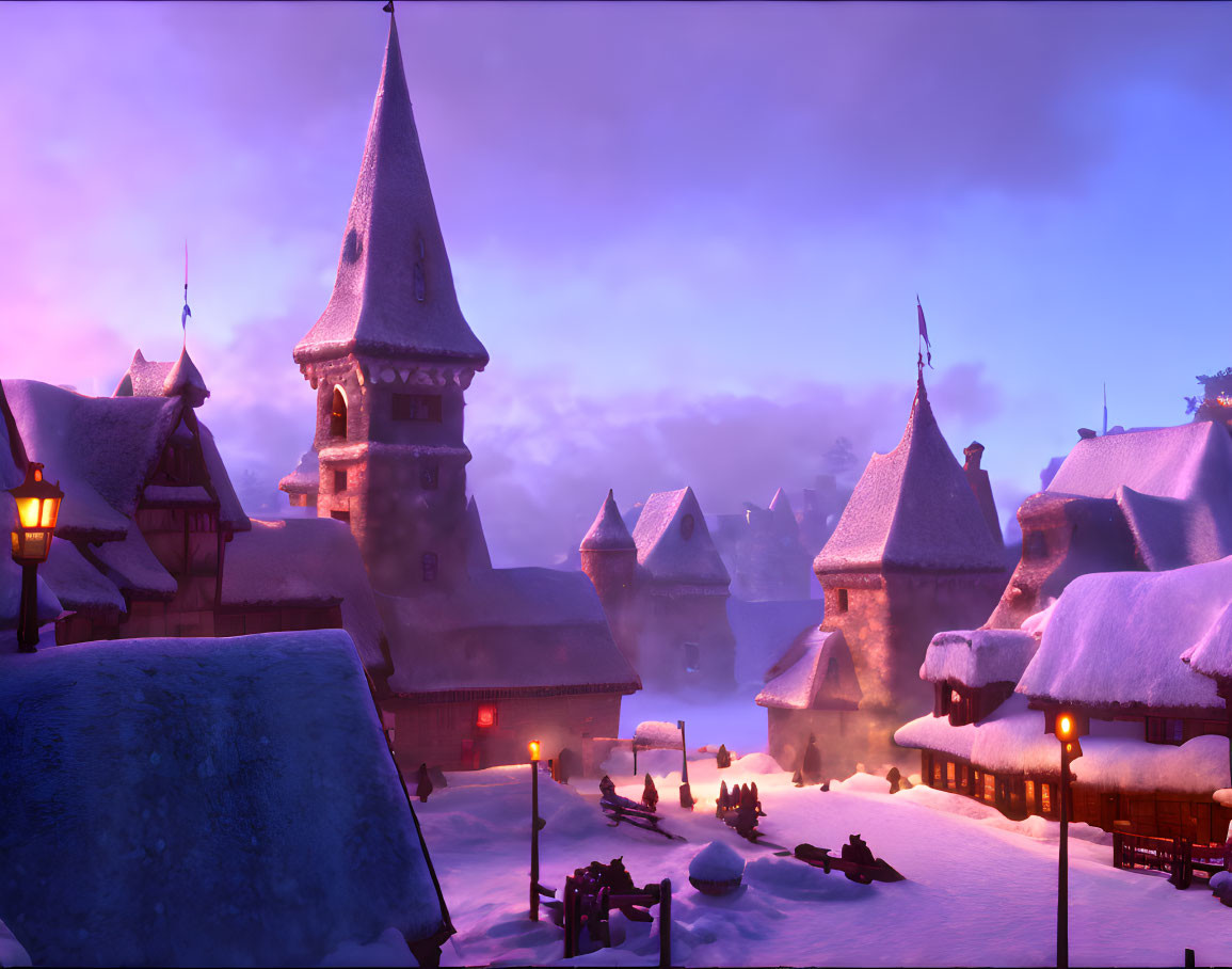 Snow-covered village at twilight with glowing windows and majestic tower