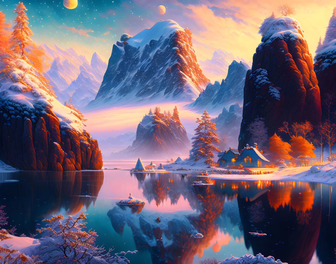 Snow-covered cliffs and cabin in serene winter landscape by still lake under twilight sky with planets.