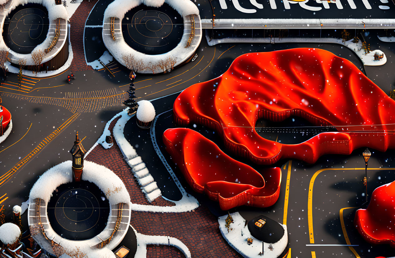 Wintry overhead view of snow-covered Santa hat-shaped buildings and roads