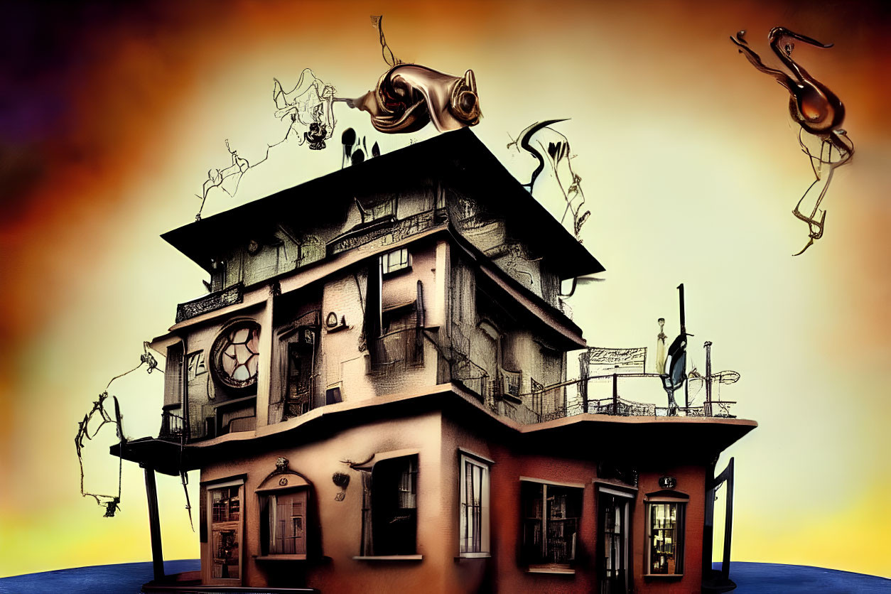 Distorted building with whimsical shapes and elongated windows in surreal artwork