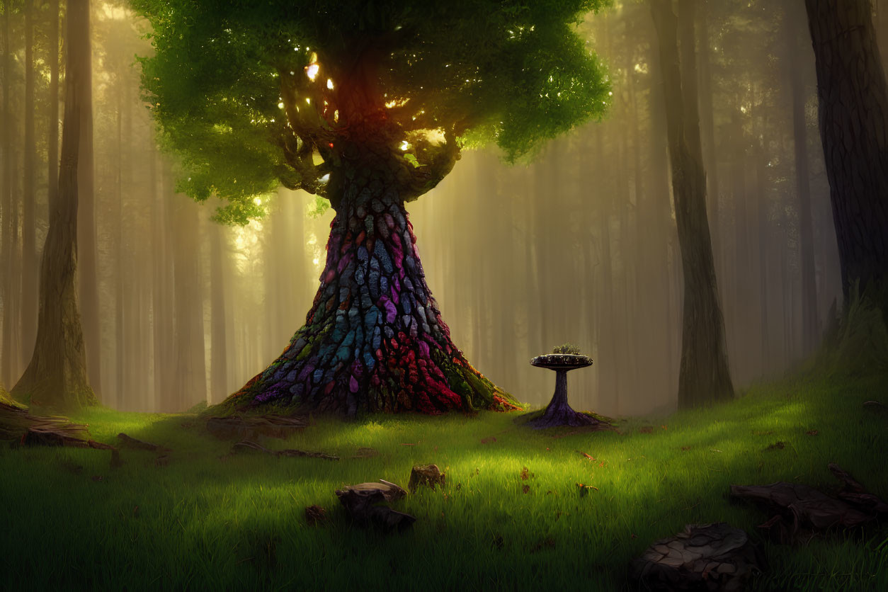 Vibrant multicolored tree in foggy forest with magical pedestal