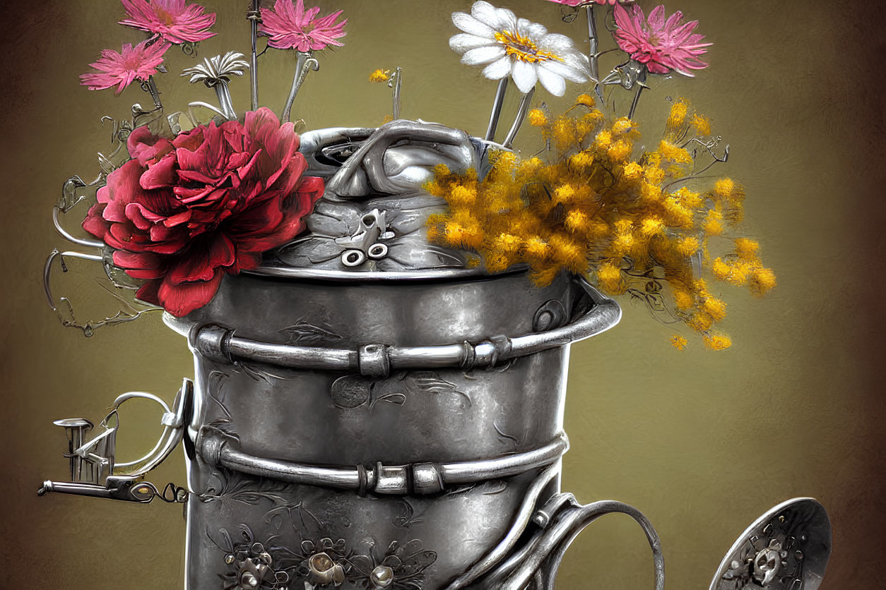 Vintage metal tea set with colorful flower blooms in a stacked illustration