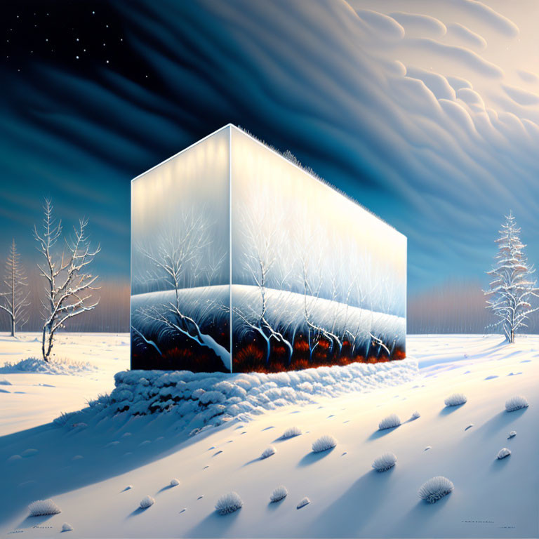 Transparent cube reveals summer forest in snowy landscape with animal tracks