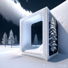 Snow-covered landscape with evergreen trees framed in ornate 3D window against starry night sky