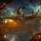 Fantastical dusk landscape with suspension bridge, towering structures, floating islands, and flying creature.