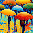 Colorful psychedelic artwork: Three figures with umbrellas in swirling clouds, neon-lit path