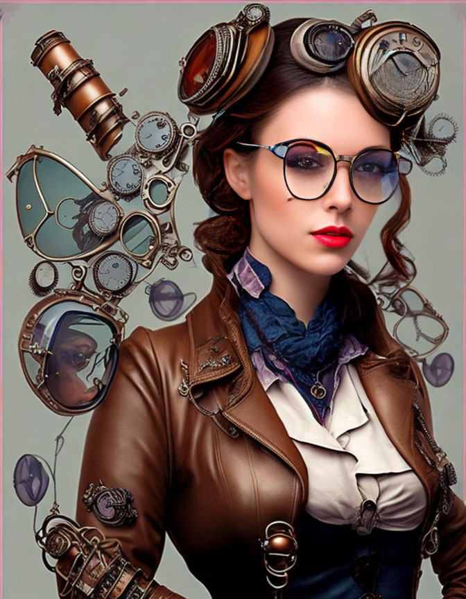 Steampunk-themed woman with goggles, scarf, and gears