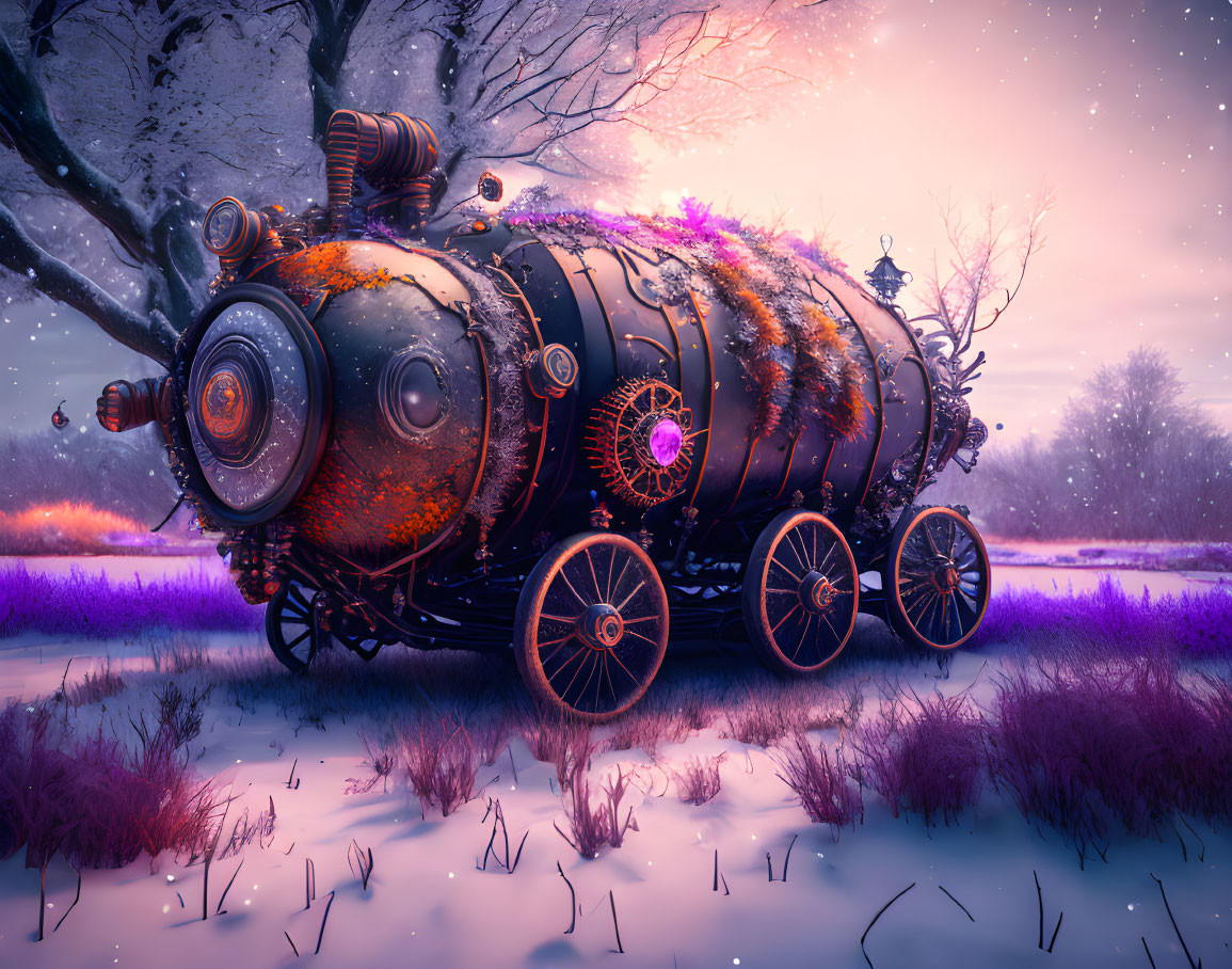 Steampunk-style vehicle with gears in snowy landscape