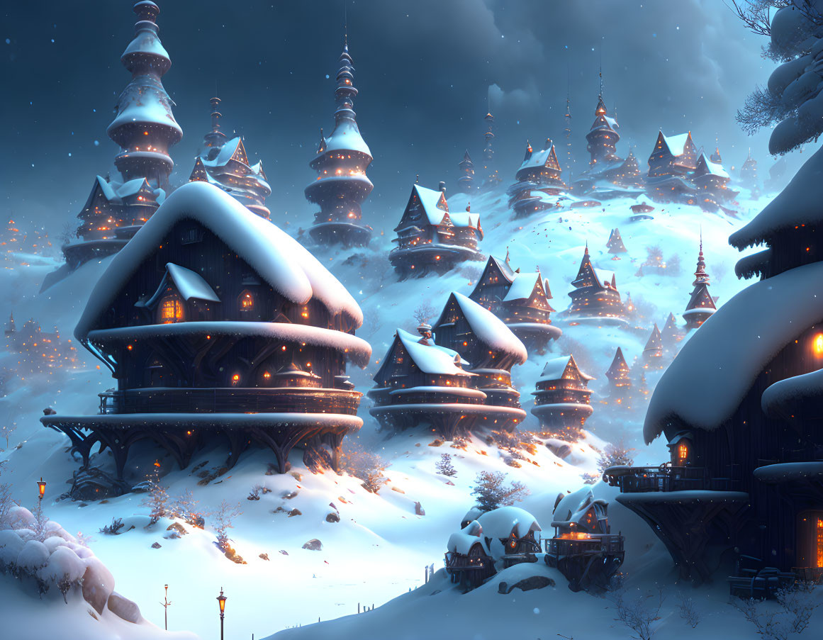 Enchanting Winter Village with Snow-Covered Cottages