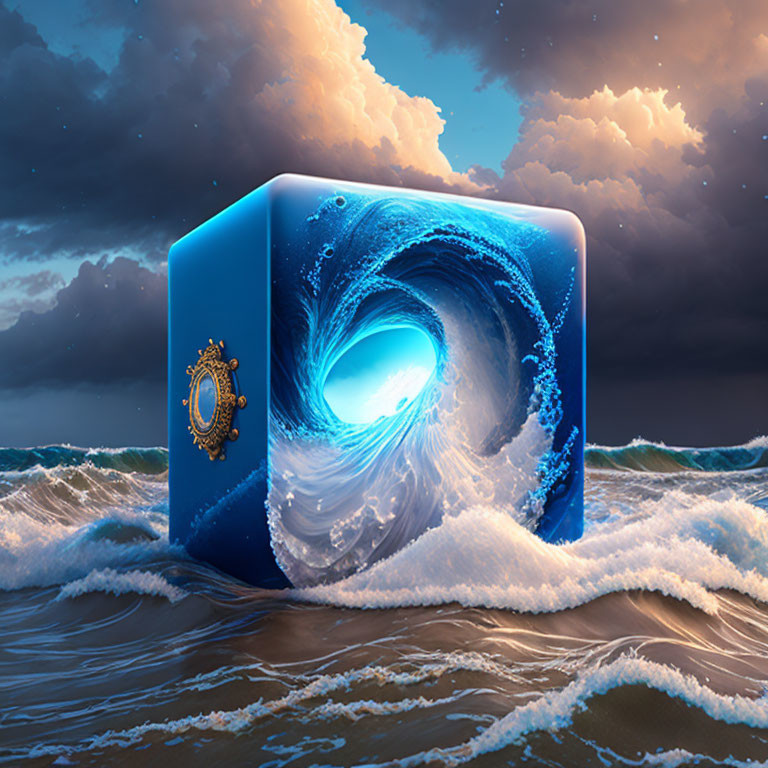 Surreal image: Giant blue cube with swirling portal wave in stormy sea