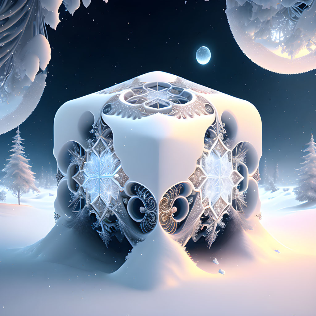 Detailed 3D fractal of an ice cube with snowflake designs in snowy landscape