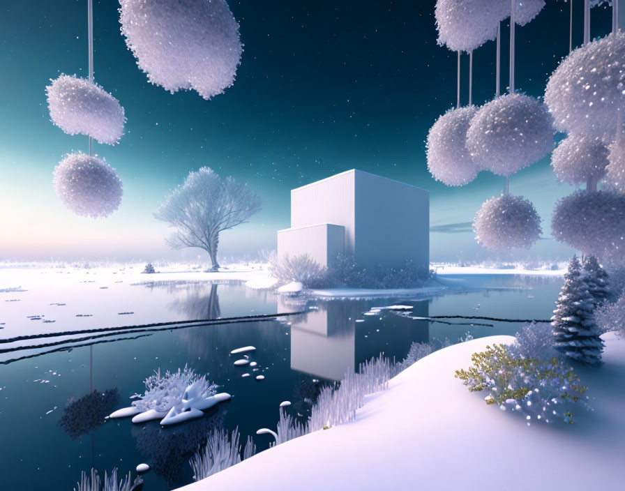 Winter landscape with cubic structure near pond and snowy trees under twilight sky